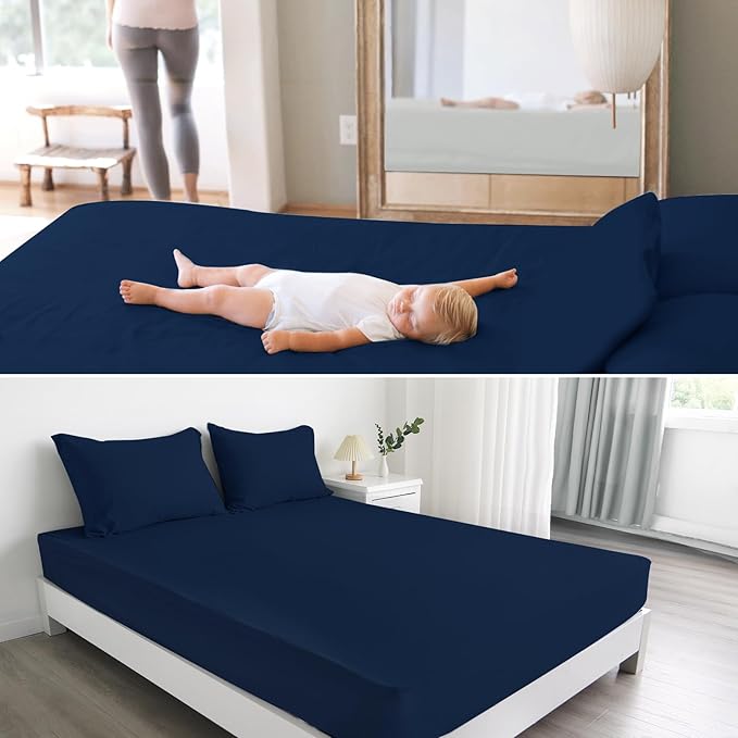 2 Pack Full Size Mattress Protector Waterproof Cover, Waterproof Bed Full Fitted Sheet Only, Machine Washable 14" Deep Pocket Mattress Covers for Double Bed, Navy Blue