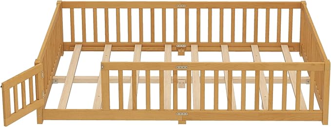 Bellemave Queen Floor Bed with Slats and Door, Queen Size Montessori Floor Bed with Fence and Door, Easy Assemble Montessori Beds Frame for Girls, Boys, Natural