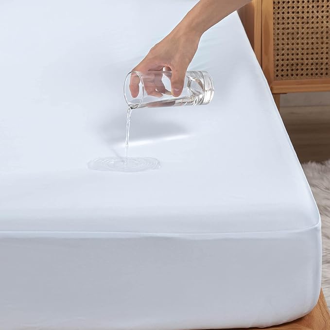 Kingnex Waterproof Split California King Mattress Protector for Adjustable Bed 2 Cali Twin XL Fitted Sheet Style Mattress Cover with Enhanced Elastic Skirt White