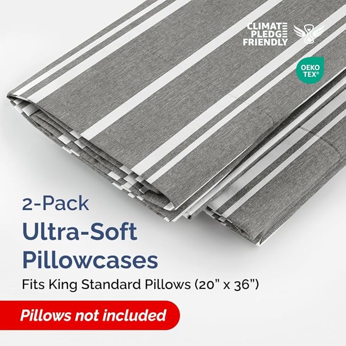 King Standard Pillow Cases Set of 2 - Ultra-Soft Hotel Quality Pillowcase Covers - Comfy, Cozy & Fade Free - Wrinkle Resistant - Machine Washable Pillow Protectors - 2 Piece Set - Grey Stripes 3