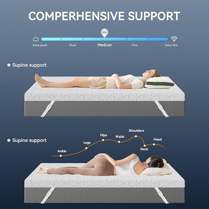 ELEMUSE 3 Inch Gel Memory Foam Mattress Topper Queen - Cooling Ice Silk Removable & Washable Cover, Mattress Topper for Back Pain Relief, Adjustable Strap & Non-Slip, CertiPUR-US Certified