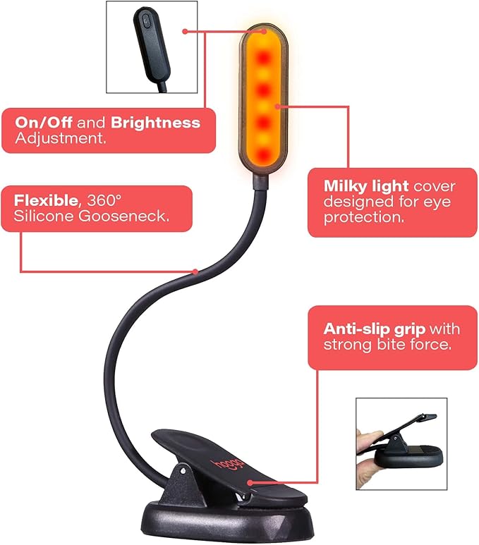 hooga Amber Book Light – Blue Light Blocking Reading Light for Bed, Stepless Dimming, Rechargeable Clip-On Night Light, 1600K Amber & 625nm Red LED for Night Reading
