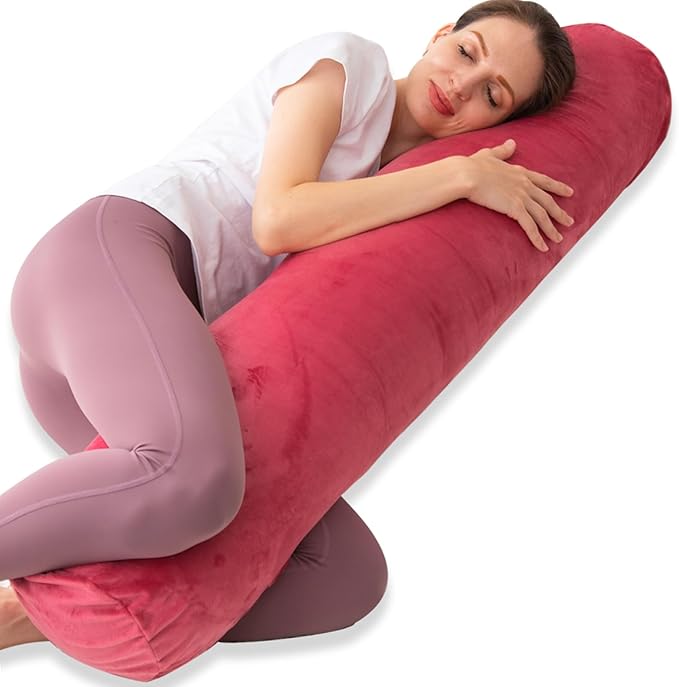 1 MIDDLE ONE Bolster Pillow for Bed, Long Round Body Pillow for Adults with Removable Velvet Cover, Decorative Tube Roll Cylinder Pillow, 47 x 7.87 Inch, Red