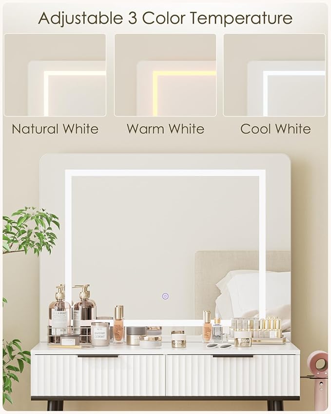 Vanity Desk with Large Mirror and Lights, Small Makeup Vanity Table with 2 Drawers, Dressing Table with 3 Adjustable Lighting Color, Small Makeup Desk for Bedroom, White with Black Leg