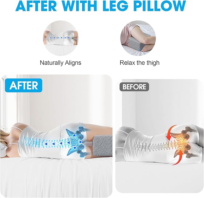 Knee Pillow for Side Sleepers with Cooling Gel, Memory Foam Elevation Pillow for Spine Aligning, Sciatica, Back, Hip, Knee, Ankle Pain, Grey/Plus