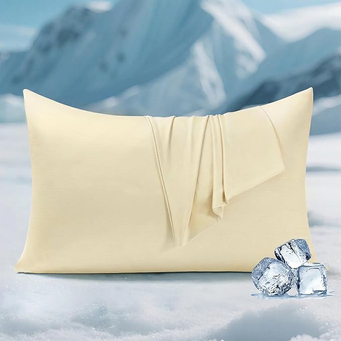 Elegear Cooling Pillow Cases for Hot Sleepers, Clean Fabric Silver Infused Cooling Pillowcase Q-Max>0.5, Soft Silky Pillowcases for Hair & Skin, Summer Zipper Pillowcase Cover Set of 2-Queen, Beige
