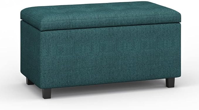SIMPLIHOME Cosmopolitan Storage Ottoman - 34 inch Wide Upholstered Linen Look Fabric Rectangle Storage Ottoman Bench in Teal, Transitional Tufted Ottoman for Living Room or Entryway with Lift-Up Lid