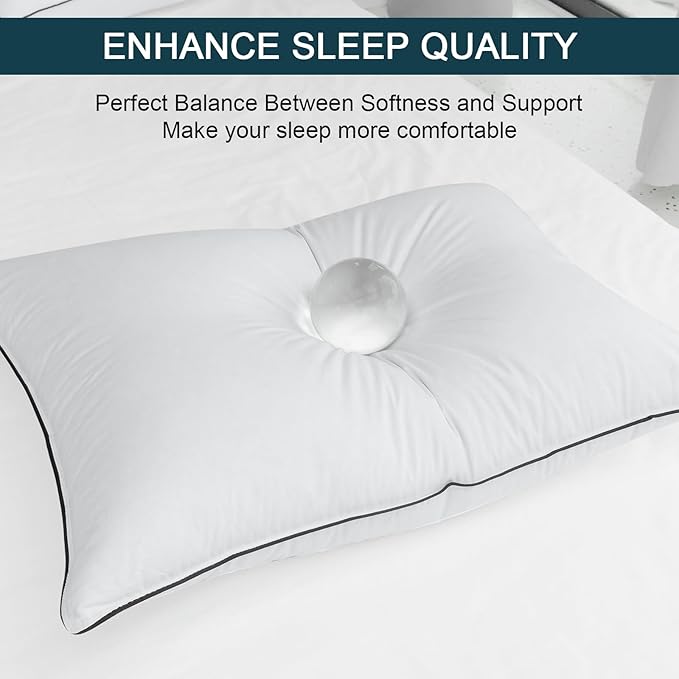 Down Pillows Breathable Cotton Shell Cover,Luxury Hotel Collection Bed Pillows for Sleeping,Fluffy Soft Medium Firm Down Fiber Pillows (Modern, Snowy/All Season, Queen (Pack of 2))