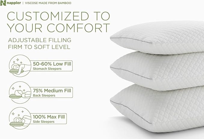 Nappler Cooling Pillow for hot Sleepers -Bed Pillows Standard Size Premium Set of 2 - Adjustable Shredded Memory Foam - Medium to Firm Pillows for Back, Stomach & Side Sleepers - Washable Cover