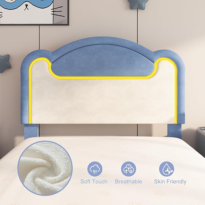 Garvee Twin Size Upholstered Bed Frame with LED Lights & Storage Drawers, Fabric Headboard & Wood Slats, No Box Spring Needed, Princess Bed for Girls (Blue White)