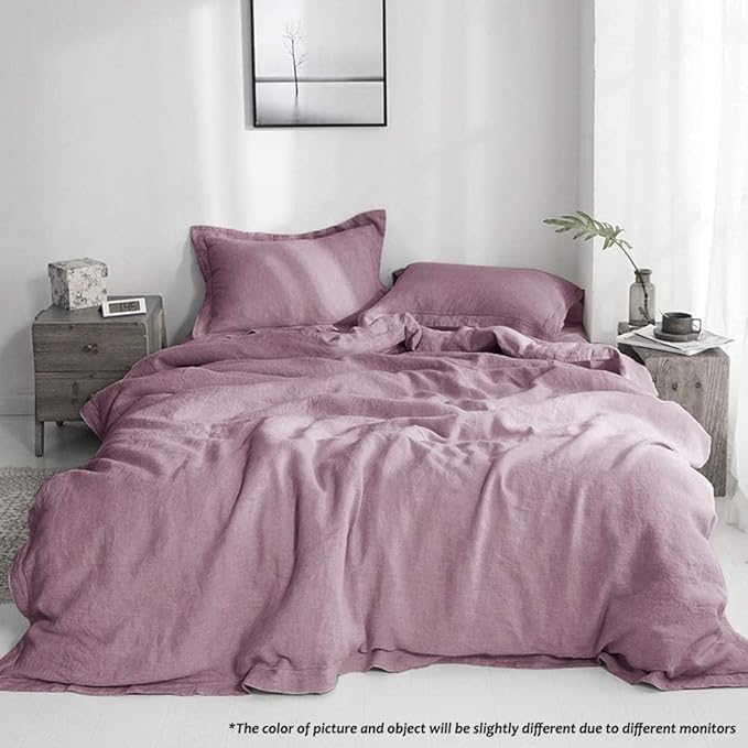 Simple&Opulence 100% French Flax Linen Duvet Cover Set with Embroidery Washed - 3 Pieces (1 Duvet Cover with 2 Pillow Shams) with Button Closure Soft Breathable Farmhouse - Purple, King Size