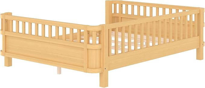 Bellemave Full Size Montessori Bed with Fence and Slats, Full Size Low Platform Bed Frame with Detachable Side Bed Rails and Rounded Corner Design, Easy Assemble Montessori Bed Natural