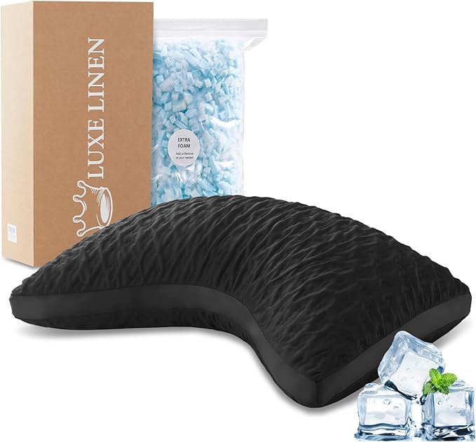 Cooling Sleeper Pillow for Neck and Shoulder Pain, Luxury Adjustable Shredded Memory Foam Curved Gusseted Crescent Pillow for Side and Back Sleepers, Black Cool Washable Cover, Queen Size for Home Bed