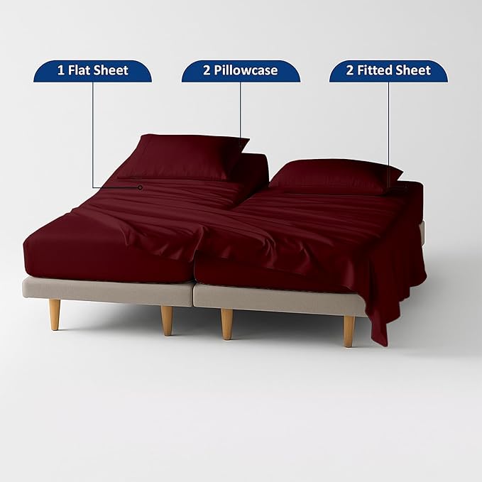 5 Piece Split Cal King Sheet Set, 100% Egyptian Cotton, 16 Inch Deep Pockets, Burgundy Solid, Soft Cooling Sheets for Adjustable Beds, Sleep Number Beds, Split Cal King Mattress Sheet Set