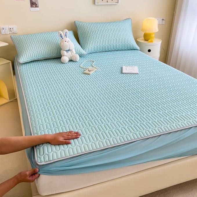 FCLDESHOP Bedding Twin Fitted Sheets,Solid Color Latex Sheet Mat Fitted Sheets, Summer Ice Box Spring Mattress Cover Bedding Sheets Pillowcase,Green,200cmx220cm (1pcs)