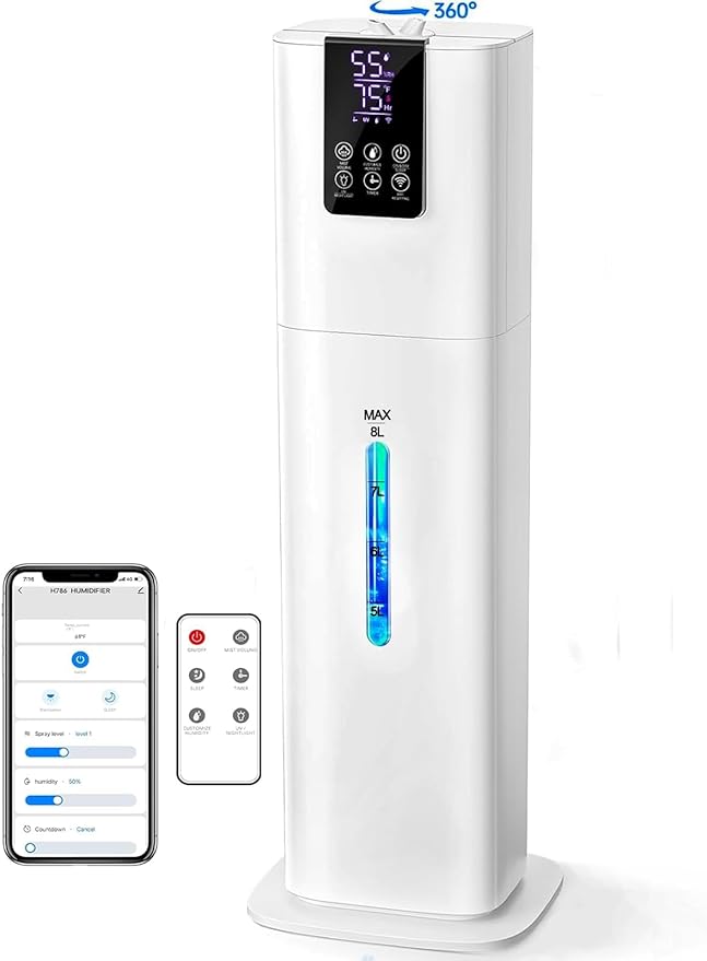 8L Smart Humidifiers for Bedroom Large Room, 2.1Gal Cool Mist Top Fill Diffuser Ambient Light, App & Remote Control, 3 Mist Modes, Quiet Humidifier for Home Office Plant