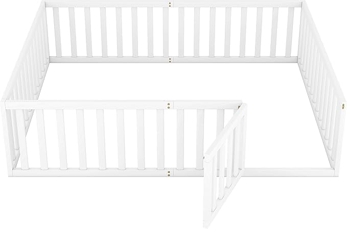 Bellemave Queen Size Montessori Floor Bed with 21.7" High Rails, Pine,Plywood Floor Bed with Small Door, White