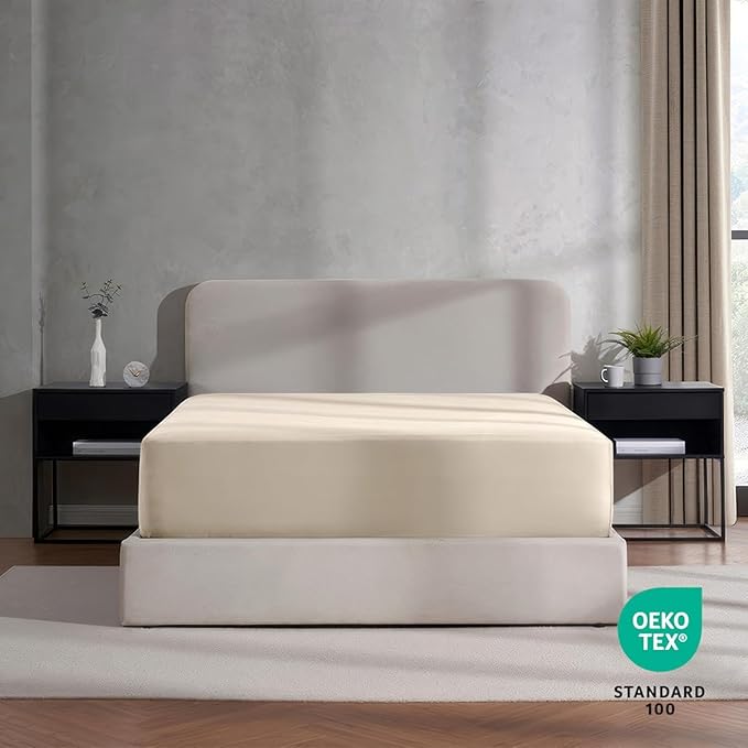 Nestl 4 Pack Linen Fitted Sheet Extra Deep Pocket, Hotel Luxury Cal King Fitted Sheet Only Easily Fits 18 to 24 Inch Mattress, Super Soft, Wrinkle-Free and Breathable with Corner Straps