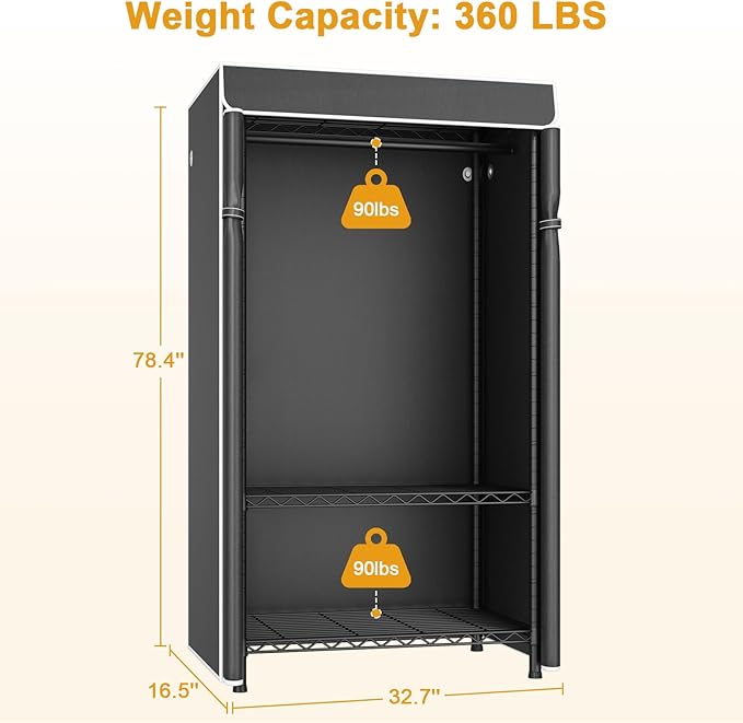 ULIFHOME H5C Clothes Rack with Cover, Portable Closet for Hanging Clothes, Covered Clothing Racks Heavy Duty, Garment Racks with Shelves, Max Load 360LBS, Black Closet Rack with Black Cover