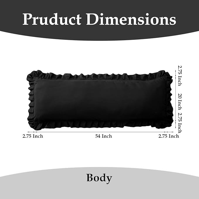 Ruffled Body Pillow Pillowcases Set of 2 – Soft Wrinkle Resistant Brushed Microfiber Body Pillowcases –Envelope Pillow Shams Festive Gift for Hotels, Guest Rooms 20x54 Inch (Black)