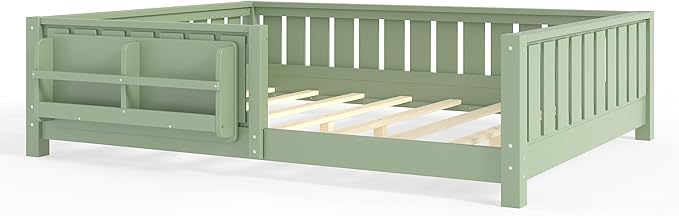 Bellemave Full Size Floor Bed Frame with Fence & Bookshelf, Solid Pinewood Montessori Floor Bed Full with Slats Load 550LBS, Low Profile Floor Bed for Kids, Bedroom, Nursery, Easy Assembly, Green