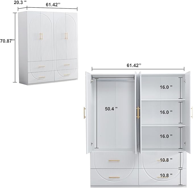 Wardrobe Armoire Closet with 4 Door Shelves 4 Drawers and Hanging Rod Wooden Storage Cabinet for Bedroom White Tall Armoire Wardrobe