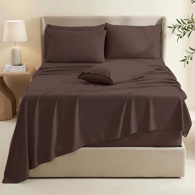 Hearth & Harbor Extra Deep Pocket Sheets - Fits Mattress 18-24 Inches Deep - Extra Deep Pocket California King Size - 6 Piece Cal King Sheets - Cal King, Brown