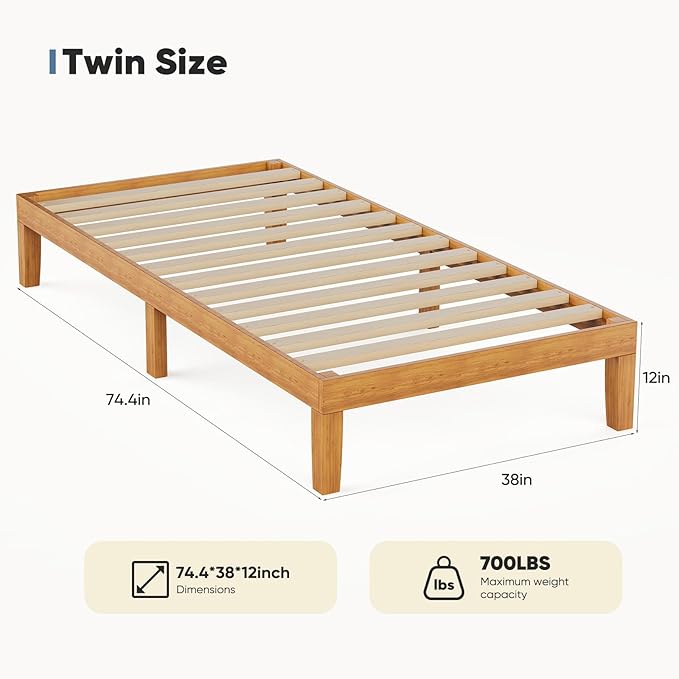 DUMOS Twin Bed Frame, Solid Wooden Bed Base with Wood Slat Support, Sturdy, Stylish & Noise-Free Design, No Box Spring Needed, Easy Assembly, 12 in Natural Pine