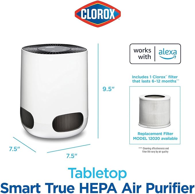 Clorox Smart Air Purifiers for Bedroom Home, True HEPA Filter, Works with Alexa, Small Rooms up to 200 Sq Ft, Removes 99.9% of Viruses, Wildfire Smoke, Mold, Allergies, Dust, AUTO Mode, Whisper Quiet