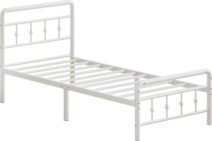 14 Inch White Twin Bed Frames with Victorian Headboard and Footboard, Heavy Duty Vintage Twin Bed Frame No Box Spring Needed, Metal Mattress Foundation, Easy Assembly