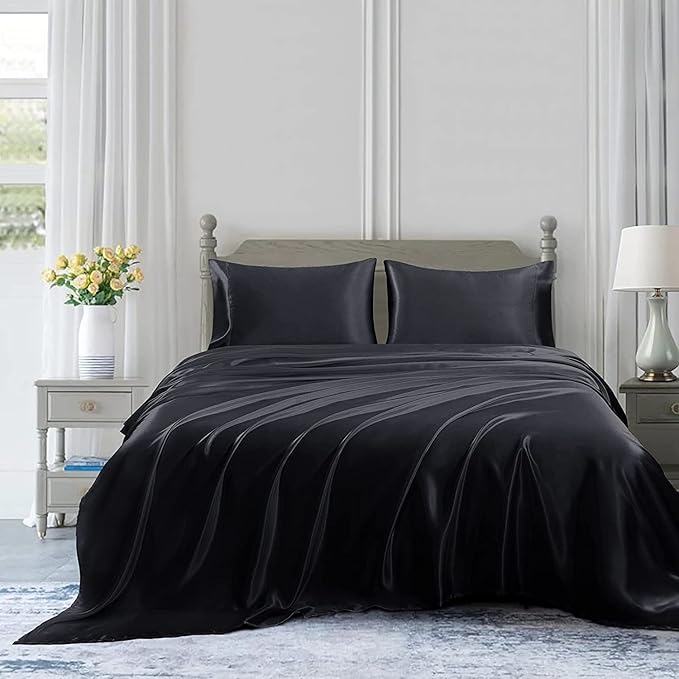 Homiest 3pcs Satin Sheets Set Luxury Silky Satin Bedding Set with Deep Pocket, 1 Fitted Sheet + 1 Flat Sheet + 1 Pillowcase (Twin XL Size, Black)