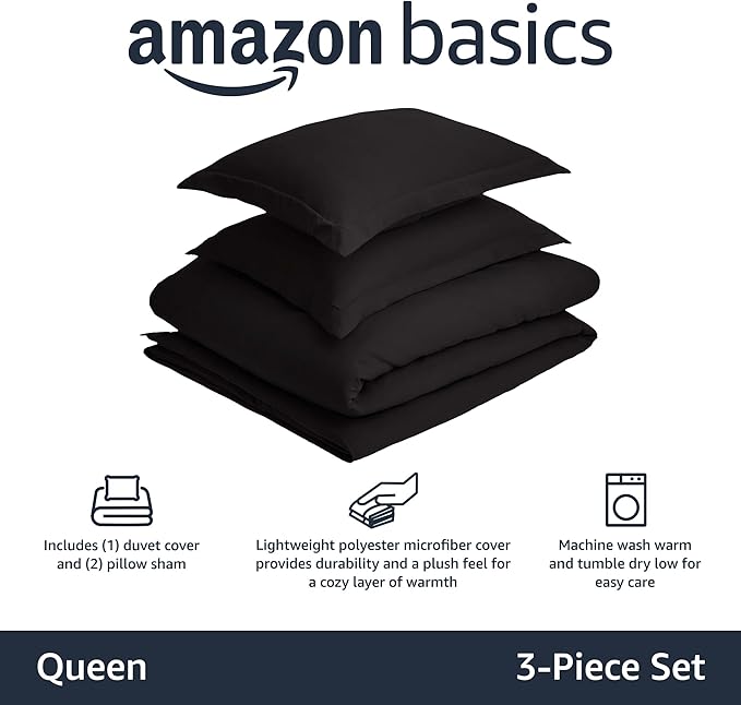 Amazon Basics Lightweight Soft Microfiber 3-Piece Duvet Cover Set with Zipper Closure, Full/Queen, Black, Solid