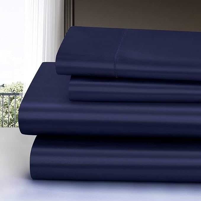 Homiest 4pcs Satin Sheets Set Luxury Silky Satin Bedding Set with Deep Pocket, 1 Fitted Sheet + 1 Flat Sheet + 2 Pillowcases (King Size, Navy Blue)