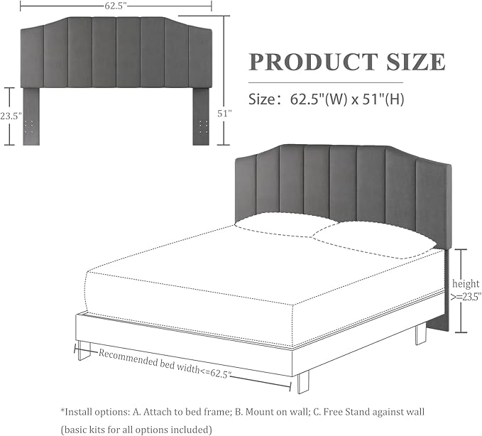 Furpopup Velvet Queen Size Headboard, Upholstered Headboard Queen/Full Size Wall Mount and Bed Frame Mount, Featuring High-Density Sponge Padding Luxury Texture Easy Assembly Comfort Style-Dark Gray