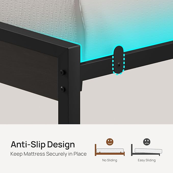 Rolanstar Full Size Bed Frame with USB Charging Station, LED Bed Frame with Wood Storage Headboard, Black Metal Platform Bed with Under Bed Storage, No Box Spring Needed, Noise Free