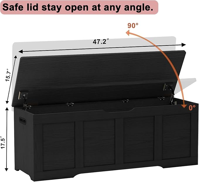 Timberer 47.2" Storage Chest, Extra Large Storage Trunk with 2 Safety Hinges, Wooden Storage Bench, Shoe Bench, Entryway Bench for Living Room, Bedroom, Black
