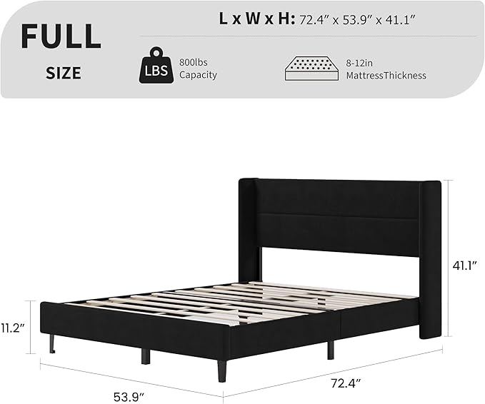 Garvee Full Size Bed Frame with Wingback Headboard, Velvet Upholstered Platform Bedframe with Wood Slats, No Box Spring Needed, Easy Assembly, Black