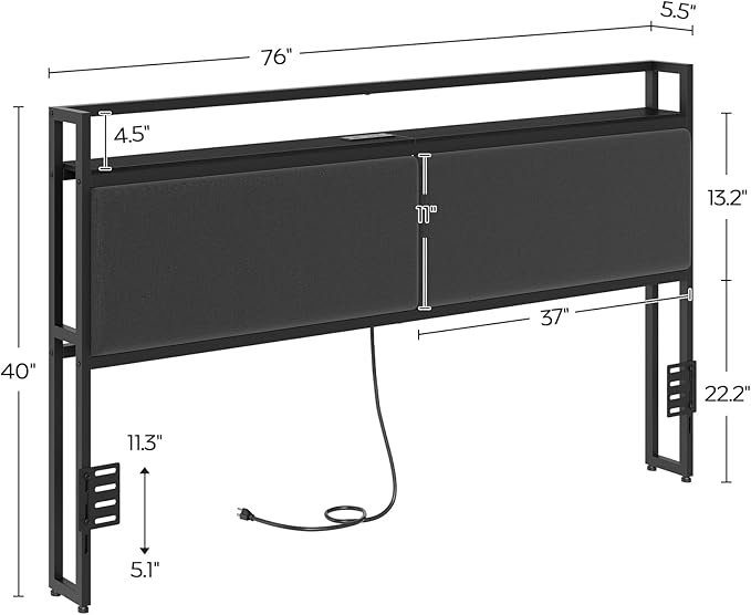 YATINEY King Size Headboard with Storage Shelves, Upholstered Headboard with Charging Station, Height Adjustable, Sturdy and Stable, Vintage Style, Black