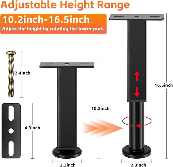 6PCS Adjustable Height Bed Support Legs, 10.2-16.5 In, Metal Heavy Bed Risers with Non-Slip Rubber Base, Replacement Furniture Feet for King Queen Frame Slats, Sofa, Couch, Cabinet, Dresser, Table