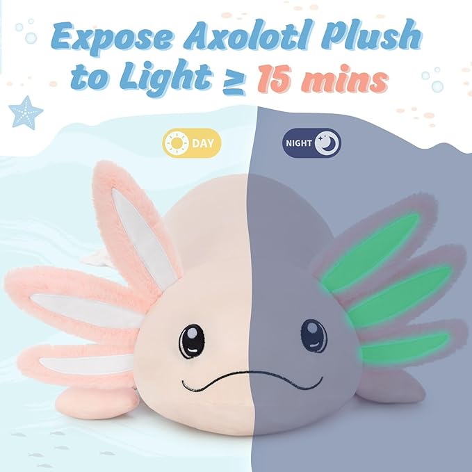 MaoGoLan Giant Glow in the Dark Axolotl Plush Pillow – 48'' Pink Axolotl Stuffed Animal, Hugging Salamander Plush Toy for Kids Girl Boy, Large Salamander Body Pillow Birthday Gift Baby Shower Decor
