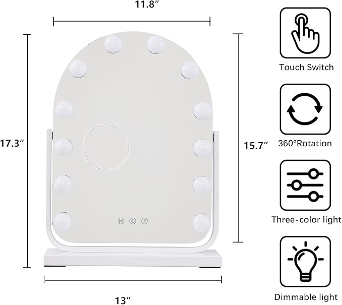 Makeup Mirror with Lights-3 Modes,Smart Touch Control,Detachable 10X Magnification,15.7"×11.8" Hollywood Vanity,360° Rotation （White）