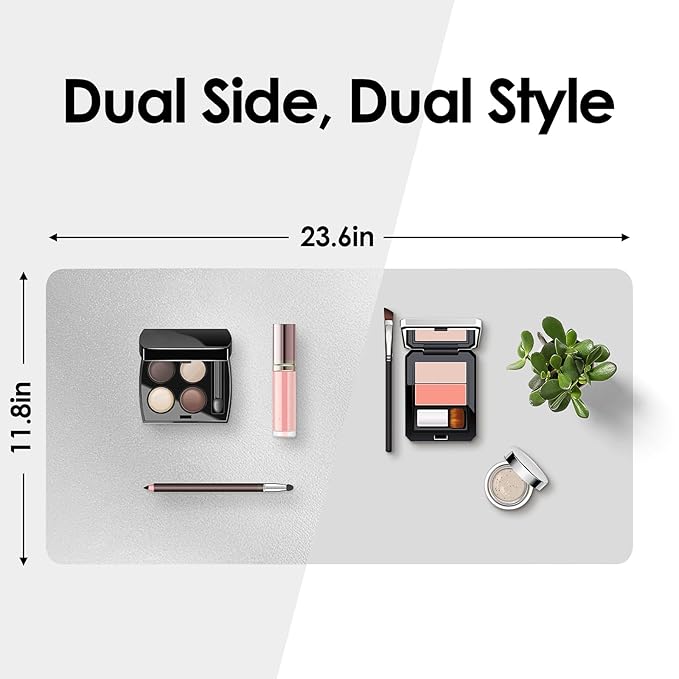 Makeup Mat for Vanity to Protect Desk Top 23.6 x 11.8in, Dual-Sided Makeup Mat, Easy to Clean Desk Pad - Waterproof and Oilproof Vanity Accessories (Silver and Grey)