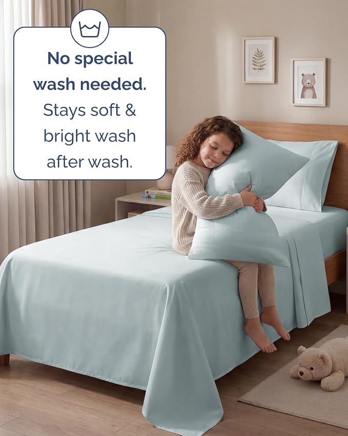 Twin 4 Piece Sheet Set - Comfy, Breathable & Cooling - Hotel Luxury Bedding for Women, Men, Kids, Teens and Children - 1 Flat & 1 Fitted Sheet & 2 Pillowcases w/ Deep Pockets - Wrinkle Free - Ice Blue