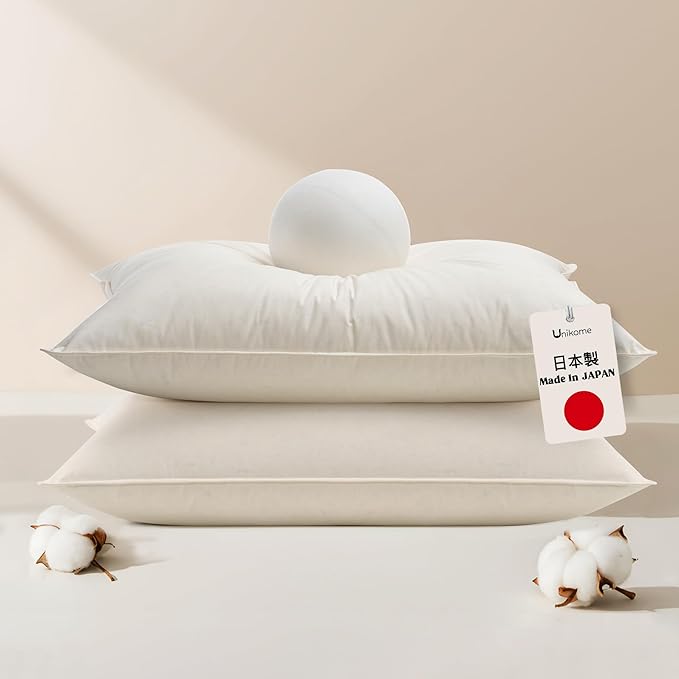 UNIKOME White Goose Down Feather Pillows - 100% Organic Cotton Cover - King Size Pillow Set of 2, Made in Japan Pillow for Sleeping