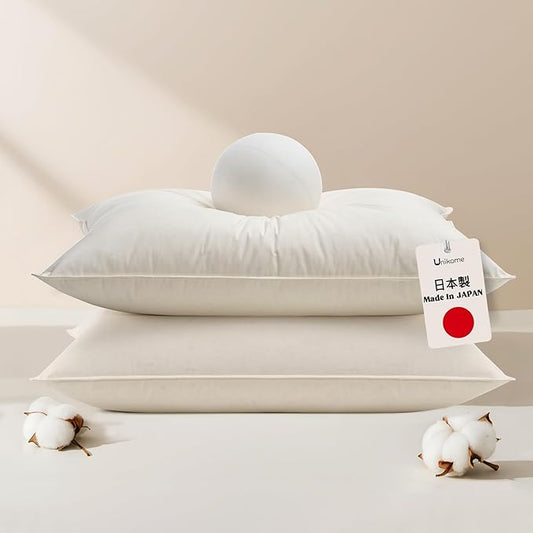 UNIKOME White Goose Down Feather Pillows - 100% Organic Cotton Cover - King Size Pillow Set of 2, Made in Japan Pillow for Sleeping