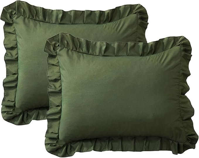 Ruffle Pillow Cases Standard Size Set of 2 –Soft Wrinkle Resistant Brushed Microfiber Ruffled Pillowcases –Envelope Pillow Shams Cover Festive Gift for Hotels,Rooms 20x26 Inch (Olive Green)