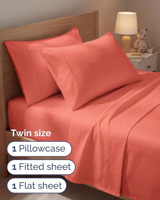 Twin 4 Piece Sheet Set - Comfy, Breathable & Cooling - Soft Hotel Luxury Bedding for Women, Men, Kids, Teens & Children - 1 Flat & 1 Fitted Sheet & 2 Pillowcases w/ Deep Pockets - Wrinkle Free - Coral