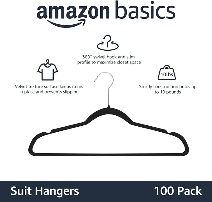 Amazon Basics Slim Velvet Non-Slip Space Saving Suit Clothes Hangers, Closet Organizer, Black/Silver, 100-Pack