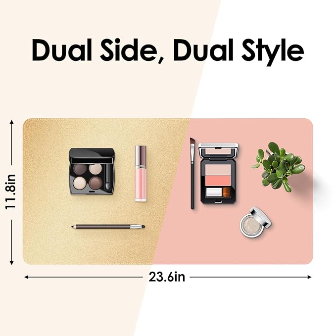 Makeup Mat for Vanity to Protect Desk Top 23.6 x 11.8 in, Dual-Sided Makeup Mat, Easy to Clean Desk Pad - Waterproof and Oilproof Vanity Accessories (Gold and Pink)