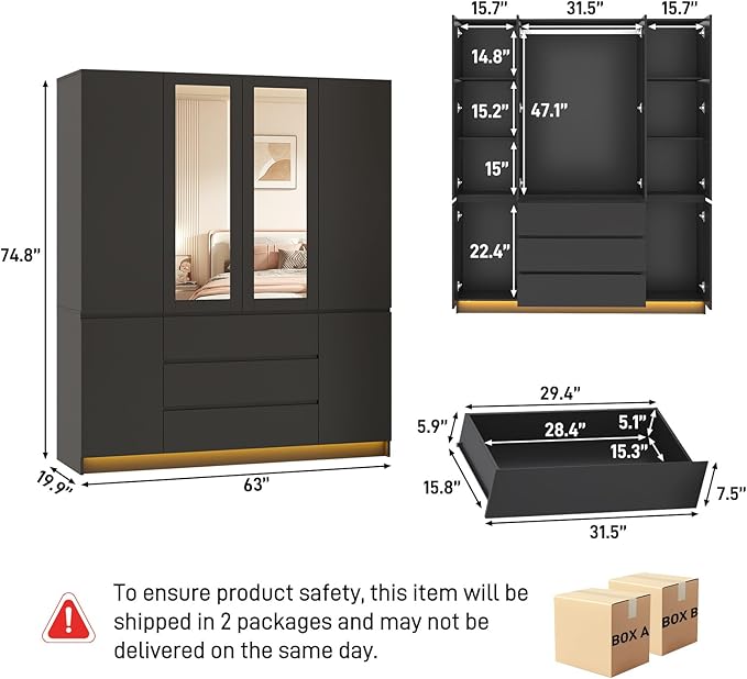 4 Doors Armoire Wooden Wardrobe Closet with 3 Drawers & 2 Mirror, 75"H Clothing Storage Cabinet with Hanging Rod,Modern Bedroom Large Freestanding Armoires with Led Lights for Bedroom, Black